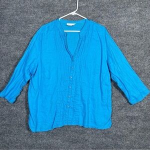 Sarah Spencer Women’s 1X Linen Blue V Neck Button Down 3/4 Sleeve Blouse